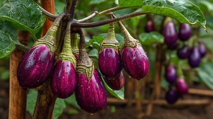 Ripe Eggplants Growing Organic Farm Garden.