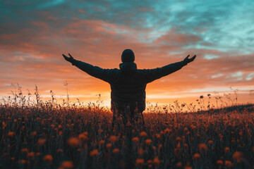 Man standing with arms raised toward the sky silhouette