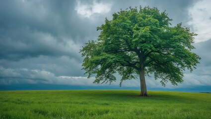 Fototapeta premium Alone tree on the green meadow under cloudy sky with dark clouds and lush grass.