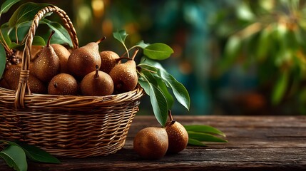 Ripe Pears Basket with Autumn Harvest, and Rustic Wood.