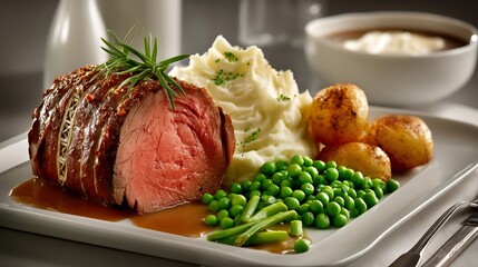 Roast Beef Dinner Mashed Potatoes with Peas.