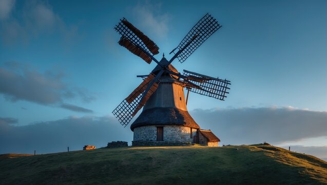 A traditional medieval windmill with wooden blades on a hill under a blue sky