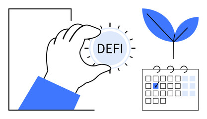 Hand holding DEFI coin, calendar with marked date, and growing leaf. Ideal for finance, blockchain, investment, savings, planning growth sustainability. Flat simple metaphor