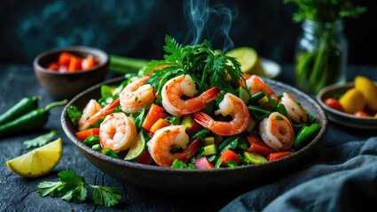 Paco Fern Spicy Salad Shrimp Healthy Salad Recipe For Fresh Seafood Vegetables with Empty Copy Space For Text