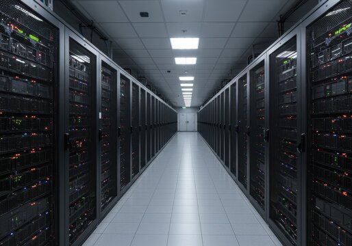Data center hallway with rows of server racks, showing a long perspective view - Powered by Adobe