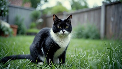 Black and White Cat on Green Grass in the Backyard.