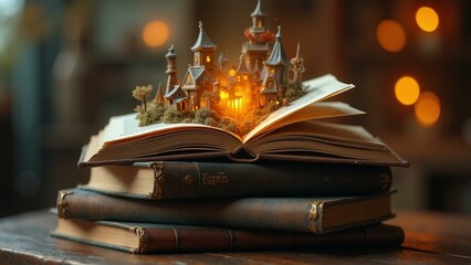 Vintage books with a glowing open book displaying a miniature fantasy world – warm, cozy, and magically detailed., ultra detailed, 8k resolution, HDR, professional