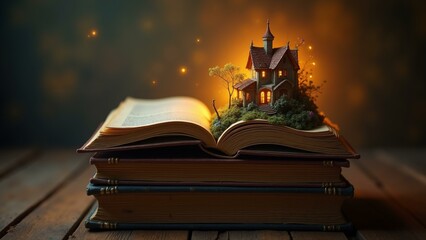 Vintage books with a glowing open book displaying a miniature fantasy world – warm, cozy, and magically detailed., ultra detailed, 8k resolution, HDR, professional