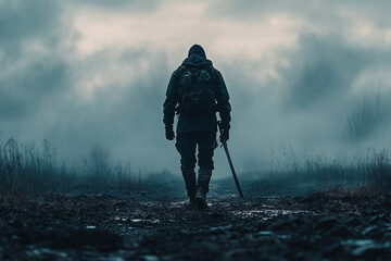 Man walking across a desolate battlefield
