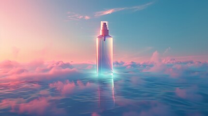 Weightless setting spray bottle mockup hovering above an endless ocean of mist reflecting the soft neon hues of a glowing dreamscape sky