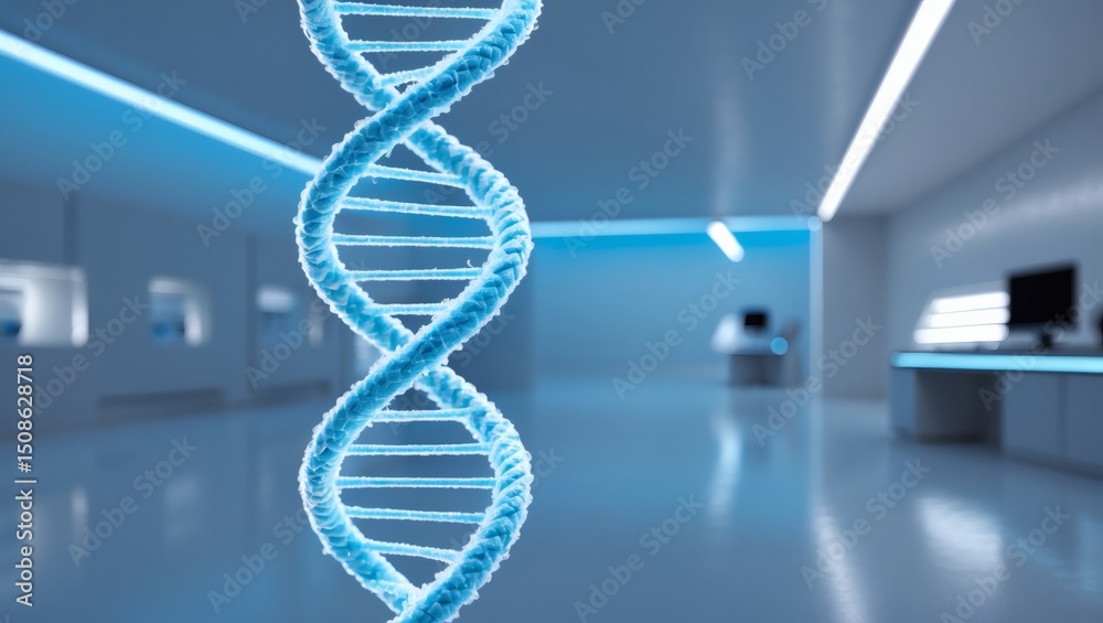Poster a 3d rendered image of a dna double helix, set in a futuristic laboratory setting, suggesting advanc
