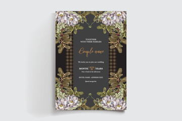 WEDDING INVITATION FRAME WITH FLOWER DECORATIONS AND FRESH LEAVES