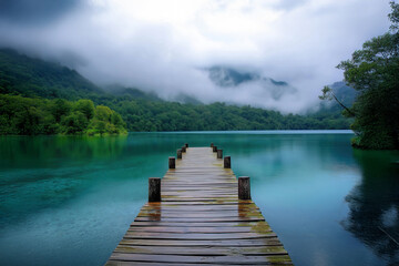 Naklejka premium Wooden pier stretching into serene turquoise lake amidst misty mountains