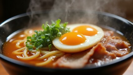 Close-up of delicious ramen with egg, pork, and green onions in a rich broth, styled for appealing warmth & texture., ultra detailed, 8k resolution, HDR, professional