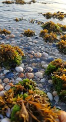 Naklejka premium Seashells and seaweed in shallow coastal water