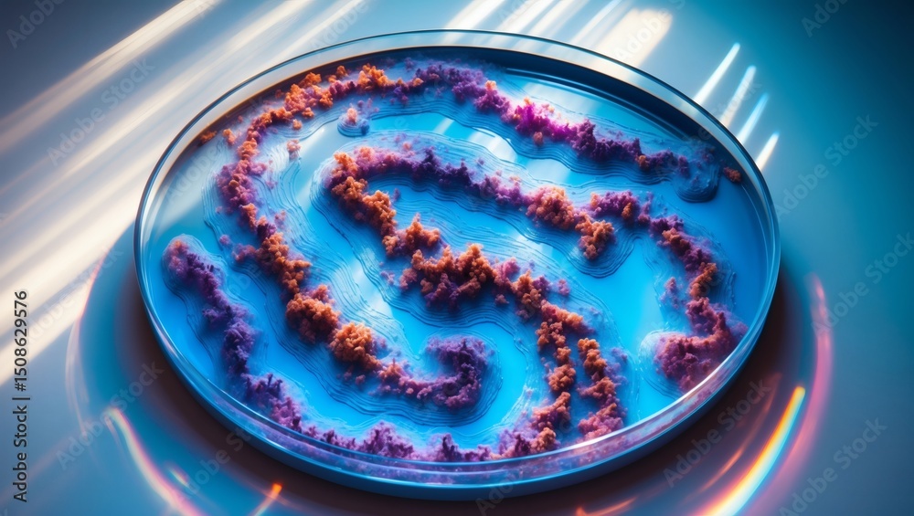 Poster a vibrant petri dish with a mesmerizing swirling pattern in a bright laboratory setting. a captivati