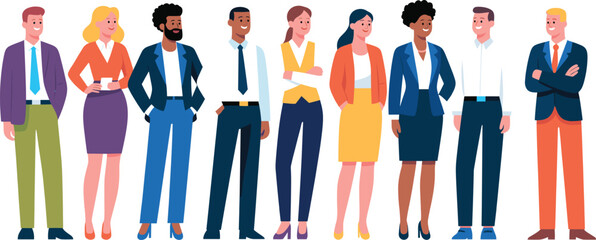 Diverse professional business team standing together in office attire, confident coworkers in corporate environment, teamwork and leadership concept illustration