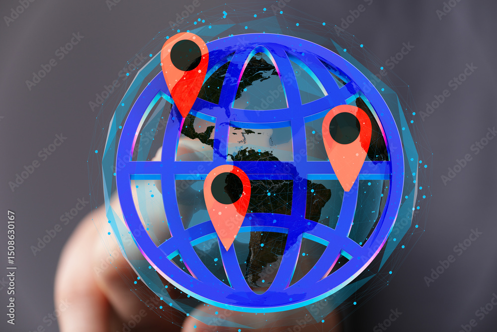 Poster illustrative image of a digital globe with location markers, representing global reach and connectiv