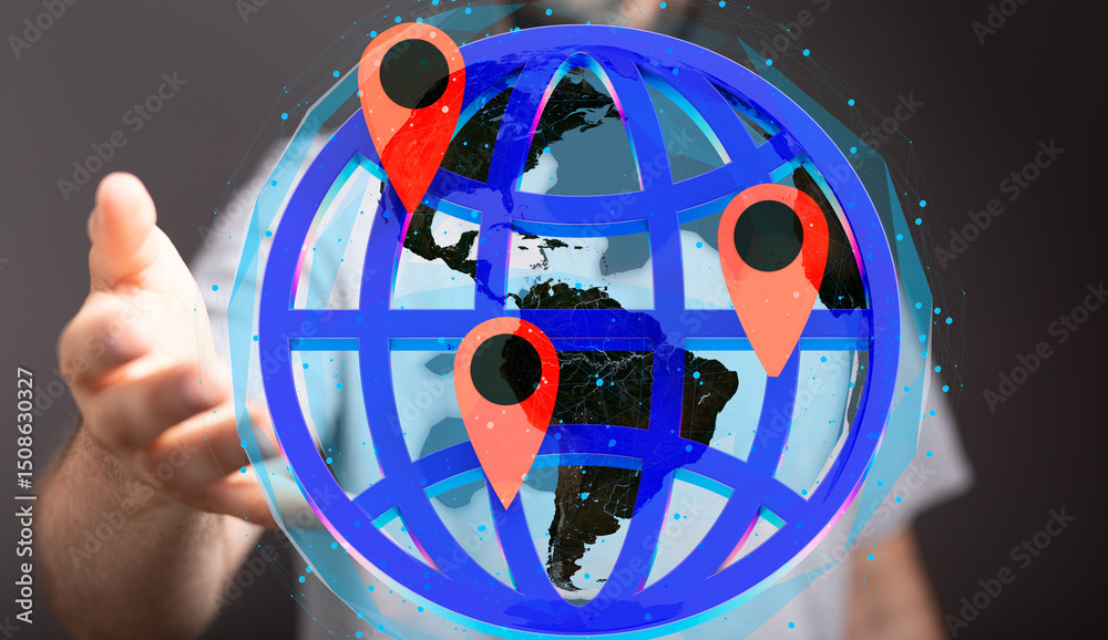 Poster image of a digital globe with location pins, representing global reach and connectivity.