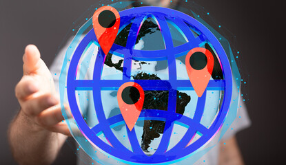 Image of a digital globe with location pins, representing global reach and connectivity.