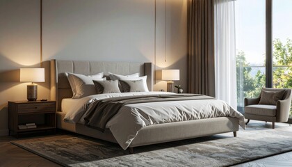 A stylish hotel bedroom with a king-sized bed, bedside tables, a reading lamp, and a