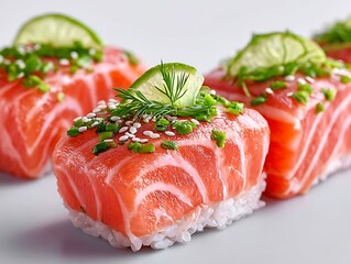 Elegant close up of salmon sushi with lime and fresh herbs garnish