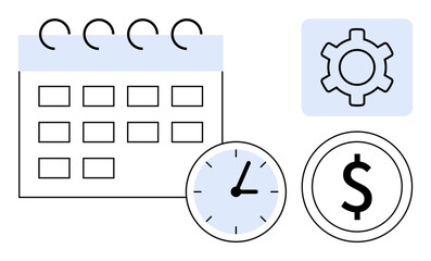 Calendar, clock, gear, and dollar sign represent planning, time tracking, resource allocation, scheduling, productivity business efficiency and financial management. Ideal for business tools