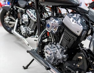 Fototapeta premium Close-up of a gleaming motorcycle engine, chrome details, and black body