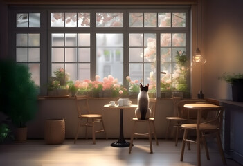 Siamese cat gazing out the cafe window