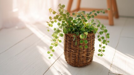 Lush Green Plant in Woven Basket on Bright White Wooden Floor with Soft Natural Light