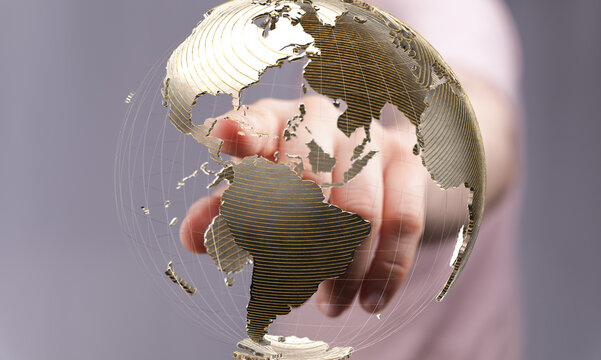 High-quality stock photo of a hand interacting with a digital globe, symbolizing global connection and networking.
