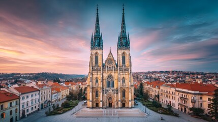 Fototapeta premium Majestic Gothic Cathedral with Twin Spires at Sunset in Prague