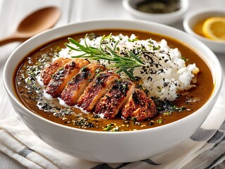 Exquisite Japanese Curry Bowl with Crispy Cutlet, Rice, and Rosemary