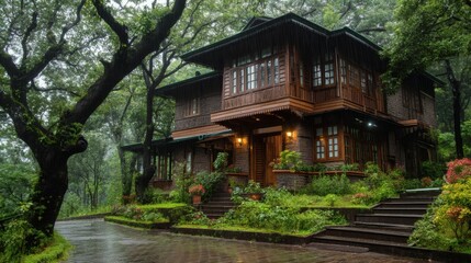 Cozy Wooden House Surrounded by Lush Green Nature in Rainy Weather