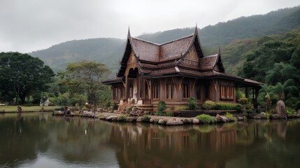 Fototapeta premium Traditional Thai Wooden House with Serene Water Reflection