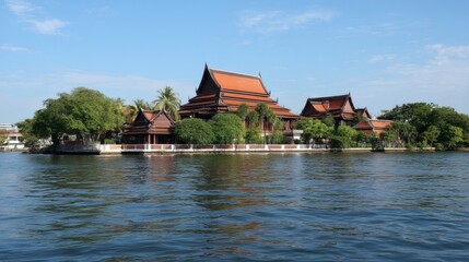 Fototapeta premium Serene Thai Architecture Amidst Lush Greenery by the Water