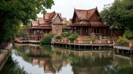 Fototapeta premium Traditional Thai Wooden Houses by Serene Water Canal in Thailand