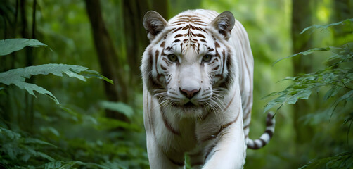 Naklejka premium Majestic white Bengal tiger with piercing gaze. 