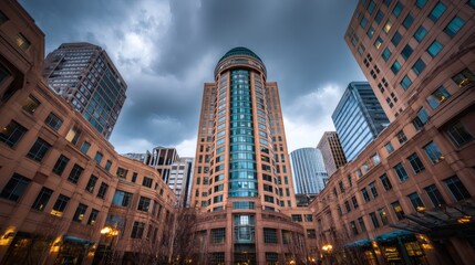Obraz premium Urban Skyscraper Amidst Dramatic Cloudy Sky in City Landscape
