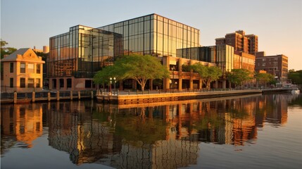 Naklejka premium Modern Glass Building Reflected in Calm River at Sunrise