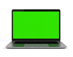 Silver laptop with a bright green screen on a white background