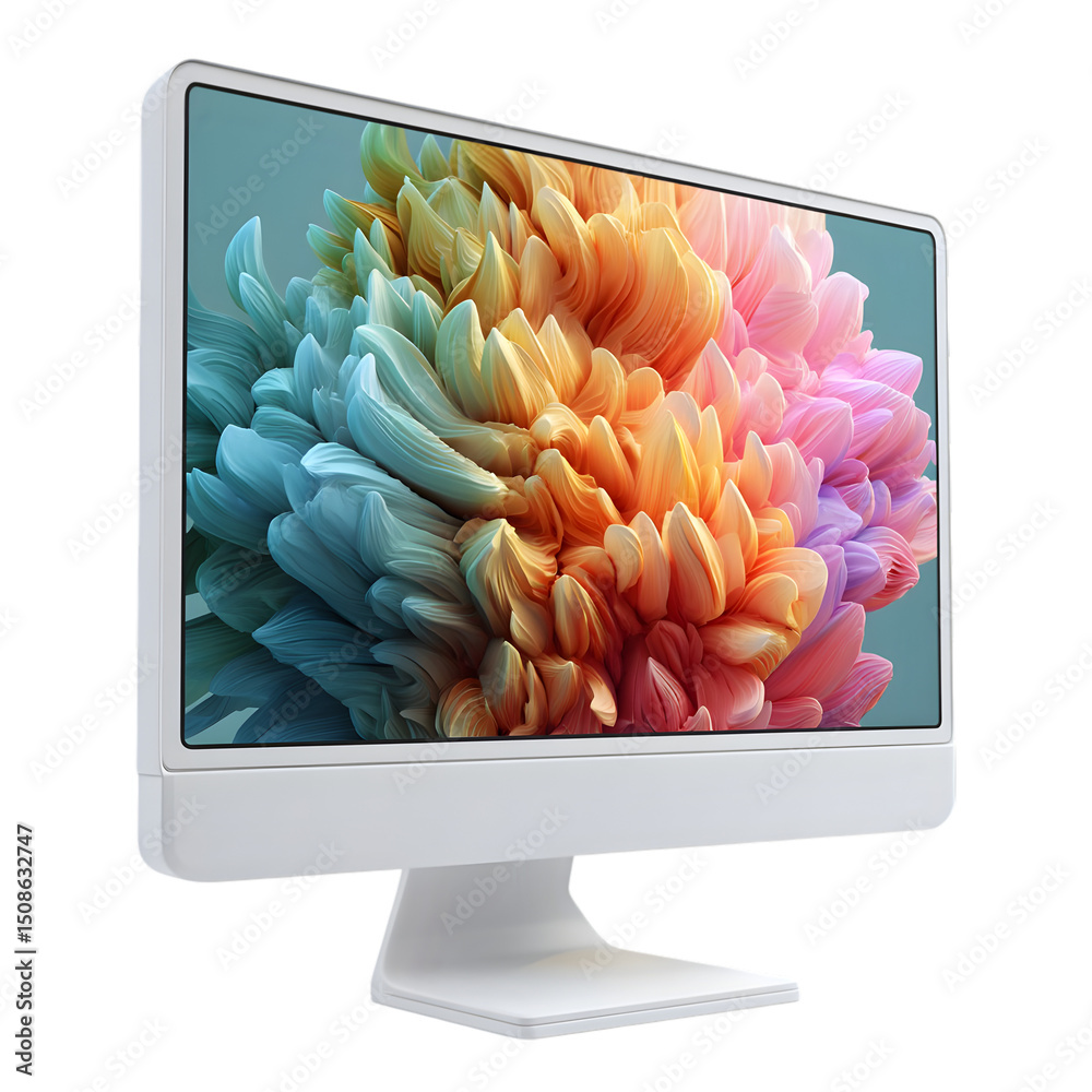 Fototapete modern white computer monitor displaying a colorful abstract floral design isolated on transparent b