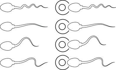 Spermatozoon icon set. Sperm with egg icons collection. fertilization symbol in line