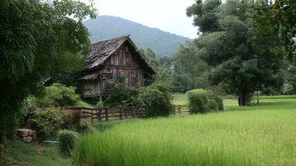 Obraz premium Tranquil countryside scene with rustic wooden cabin and rice fields