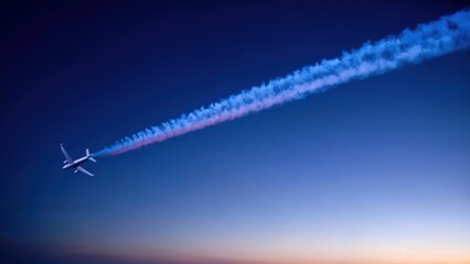 Airplane flying through a colorful sunset sky leaving vapor trails