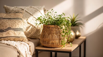 Cozy Living Room Corner with Natural Textures, Green Plants, and Warm Sunlight
