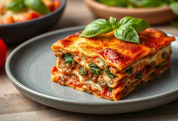 Close-up of a delicious homemade meat lasagna slice, garnished with basil, served on a gray plate,   oven baked, lasagna