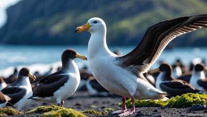 Obraz premium A black-browed albatross preparing to take flight at the colony on Island with other seabirds in the background