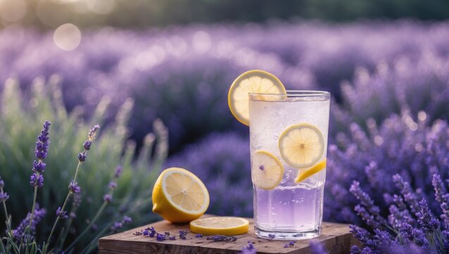 Glass of lemonade positioned in a lavender field, with violet flowers in the backdrop and space available for text.