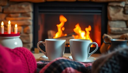 Cozy fireplace setting, two coffee cups clinking,  home,  overhead